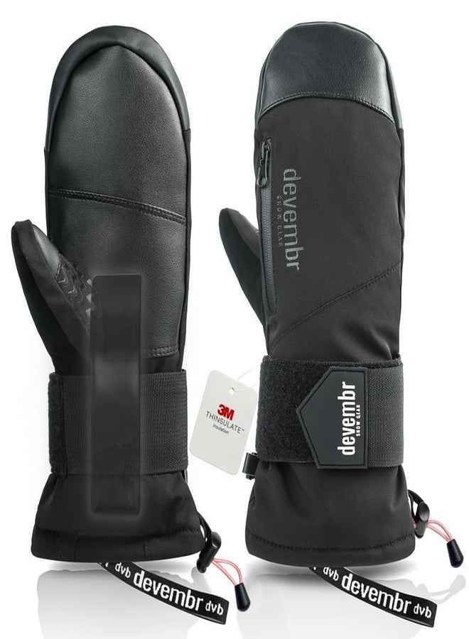 devembr Ski Mittens with Wrist Guards, Waterproof Snowboarding Mittens, Black, M - Image 1